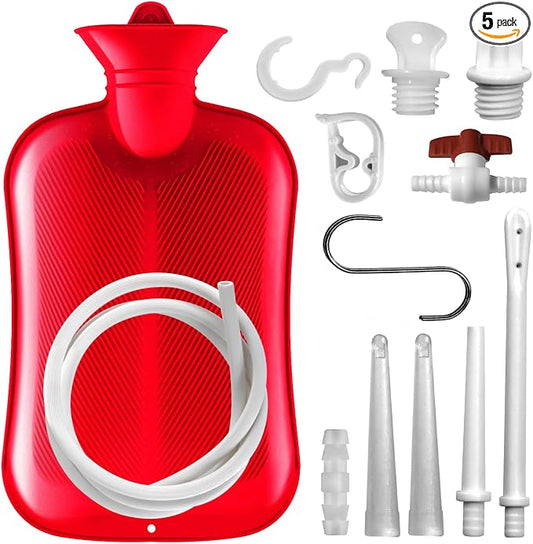 2 L Enema Bag Home Enema Kit with 3 Enema Tips,60 inch Long Silicone Hose, Controlable Water Flow Valve, Hot-Water Bottle for Colon Cleansing Enemas for Women/Men（Red）