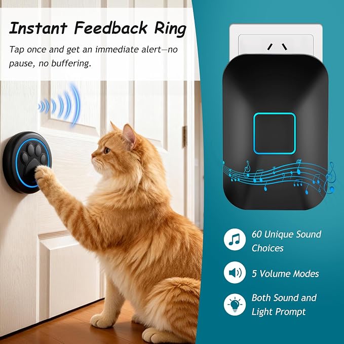Halo Paw Smart Dog Door Bell–BK Dog Bells to Go Outside (2 Bells & 1 Chime) | Touch-to-Ring, LED Light Wireless Dog Buttons & Dog Clicker for Communication, Waterproof Bell for Dogs to Ring to Go Potty