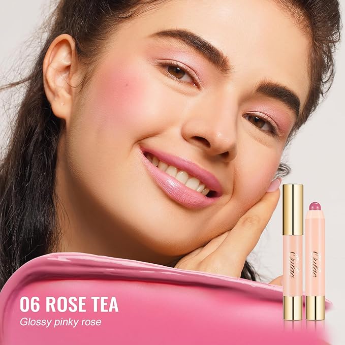 Oulac Pinky Rose Lipstick - Lipstain and Blush Duo, Tinted Lip Balm, Moisturising and Nourishing, Glossy Finish, Vegan, Rose Tea(06)