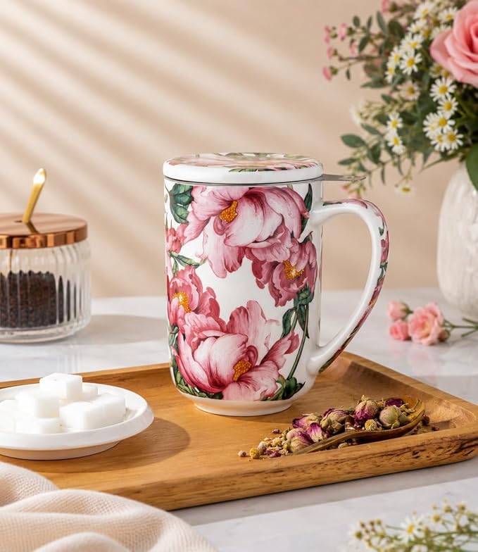 AmorArc Porcelain Tea Mug with Infuser and Lids, 18 Oz Coffee Cup Strainer with Bag Holder for Loose Leaf Tea, Steeping Coffee Mug for House-warming Wedding Birthday Gift