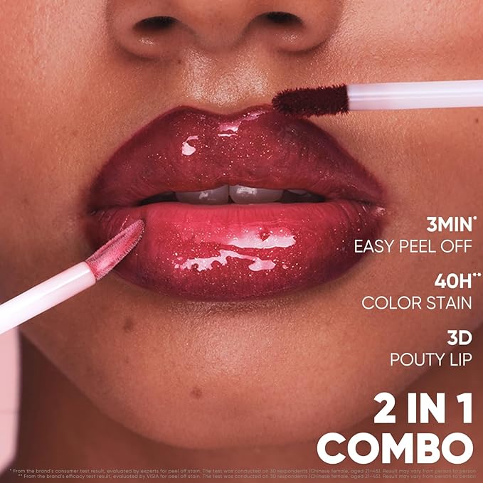 JUDYDOLL Peel Off Stain and Plumping Oil Duo - Long-Lasting Lip Stain with 3D Plumping Gloss, Hydrating and Non-Sticky Formula, Macaron-Inspired Lipstick (#03 Cherry Spark)
