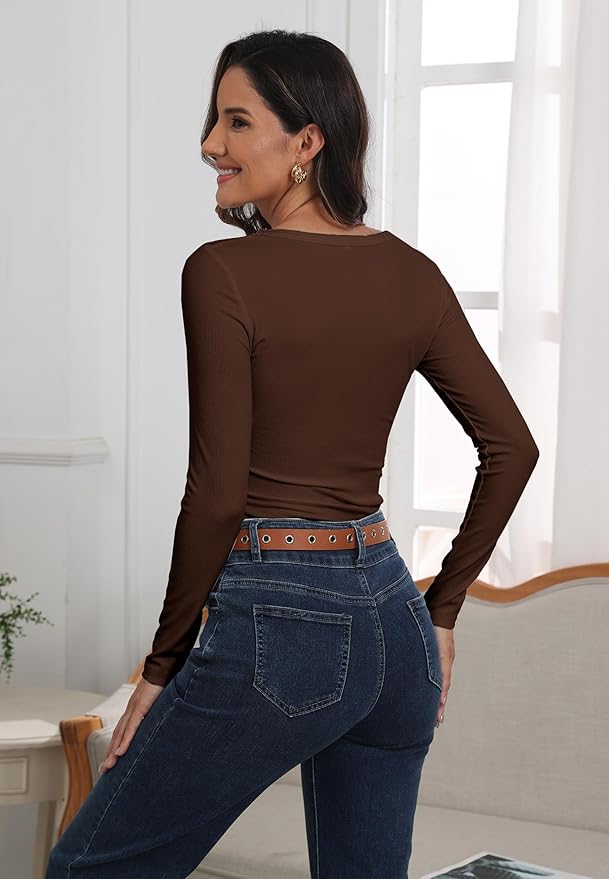 Roselux Womens Long Sleeve Scoop Neck Ribbed Knit Fitted Casual Tops Tee Slim Basic Shirts