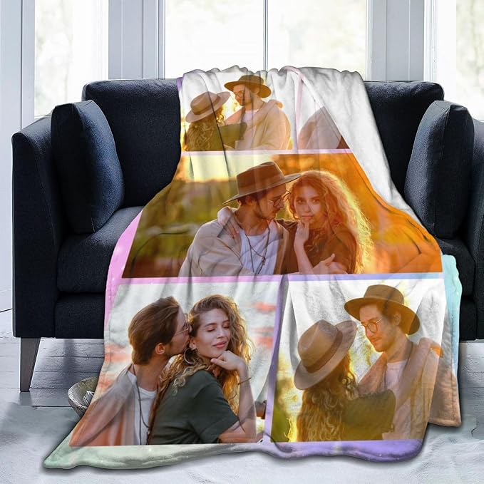 Custom Blanket with Picture Text, Personalized 5 Photo Blanket, HD Printing Customized Flannel Throw Blanket Gifts for Mom Dad Couple Girlfriend Boyfriend Wife Husband Christmas