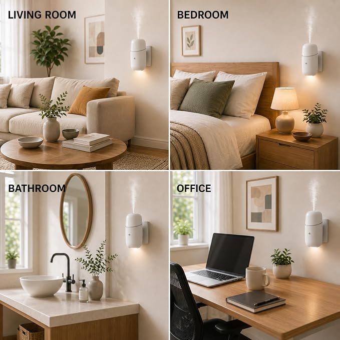 Waterless Diffuser, Essential Oil Diffuser with Low/High Modes, Plug in Diffuser with Night Light & Timer, Quiet Wall Aromatherapy Diffuser for Home, Living Room, Bedroom, Bathroom, White