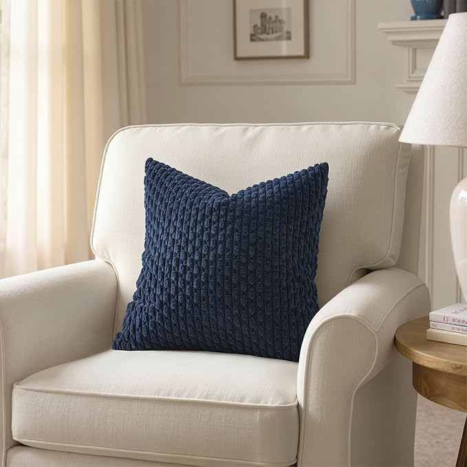 MIULEE Decorative Throw Pillow Covers 20x20 Navy Blue Textured Corduroy | Pack of 2 Striped Pillow Covers Modern Farmhouse Coastal Home Decor for Couch Bed Sofa Living Room