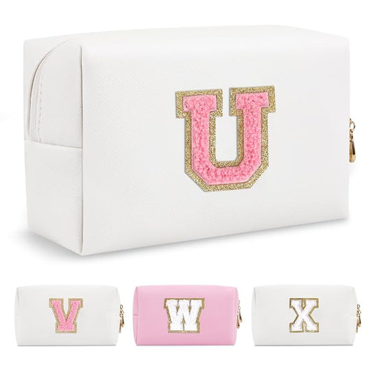 Personalized Makeup Bag Initial A-Z Preppy Patch Bag,Small PU Leather Travel Cosmetic Bag Pouch with Zipper,White Cute Toiletry Bag,Gift Ideal for Teen Girls Women Birthday Friend Mom,Letter U