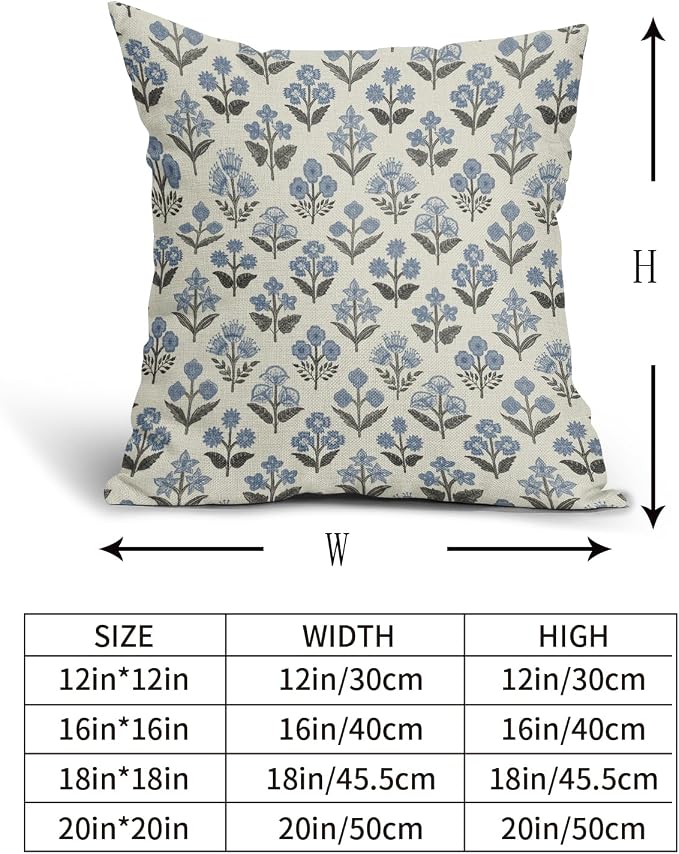 Black Blue Floral Block Print Pillow Covers 22x22 Inch Set of 2, Vintage Flower Pattern Spring Summer Decorative Throw Pillowcases Outdoor Rustic Farmhouse Cushion Covers Seasonal Sofa Couch Bed Decor