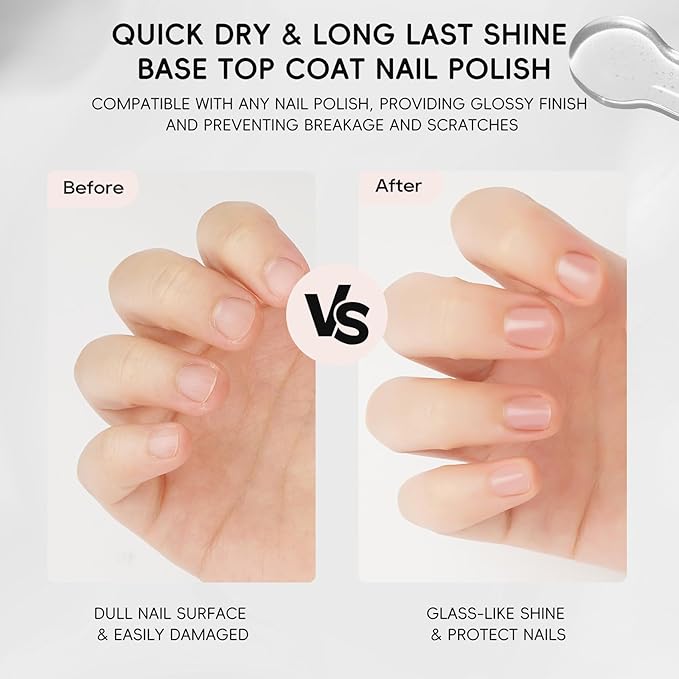 2 in 1 Base and Top Coat Nail Polish, Quick Dry Base and Top Coat No UV Lamp Curing, Long Lasting Shine Clear Nail Polish for Nail Manicure Salon DIY Nail Art, 0.35 fl oz