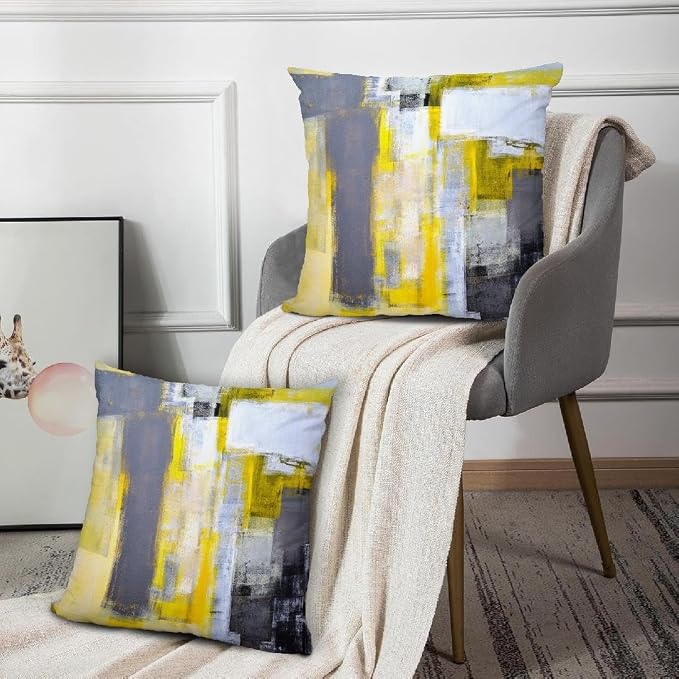 Yellow and Grey Abstract Art Artwork Pillow Cover, Gallery Modern Decorative Throw Pillows Cushion Cover for Bedroom Sofa Living Room 16 x 16 Inch Set of 2