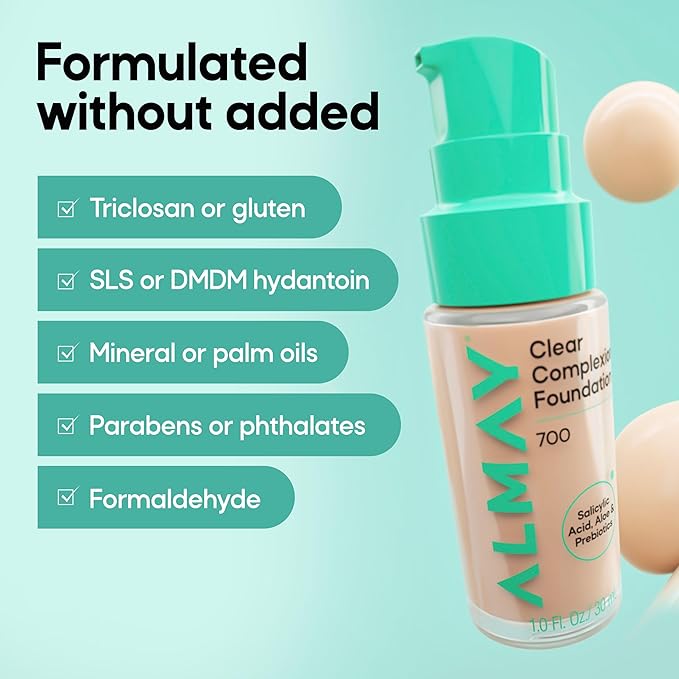 Almay Clear Complexion Foundation, Oil-Free Face Makeup for Acne-Prone Skin, Buildable Coverage, Soft-Matte Finish, Vegan, 710, 1 fl oz