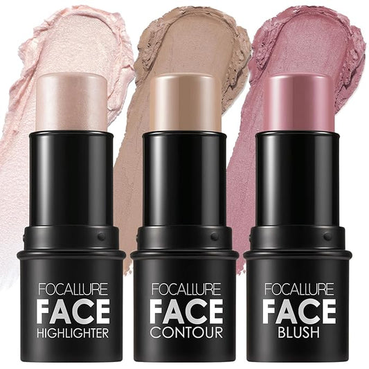 FOCALLURE 3PCS Cream Contour Stick - Highlighter Bronzer Blush Set for Face Sculpting, Non-Greasy Longwear Makeup, Easy to Blend with Natural Matte Finish,SET 2