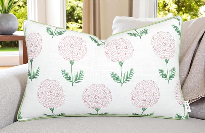 Marigold Floral Print 12x20 Lumbar Pillow Cover, Pink | Pink marigold floral on white slub, green piping; both sides printed; hidden zip; oblong, cover only