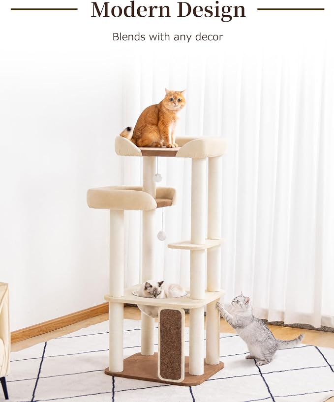 53'' Cat Tree for Large Cat, Modern Senior Friendly Cat Tower with Wide Shelves Low Step, Cotton Scratching Posts, Super Sturdy Base, Cozy Perches, and Interactive Toys (White)
