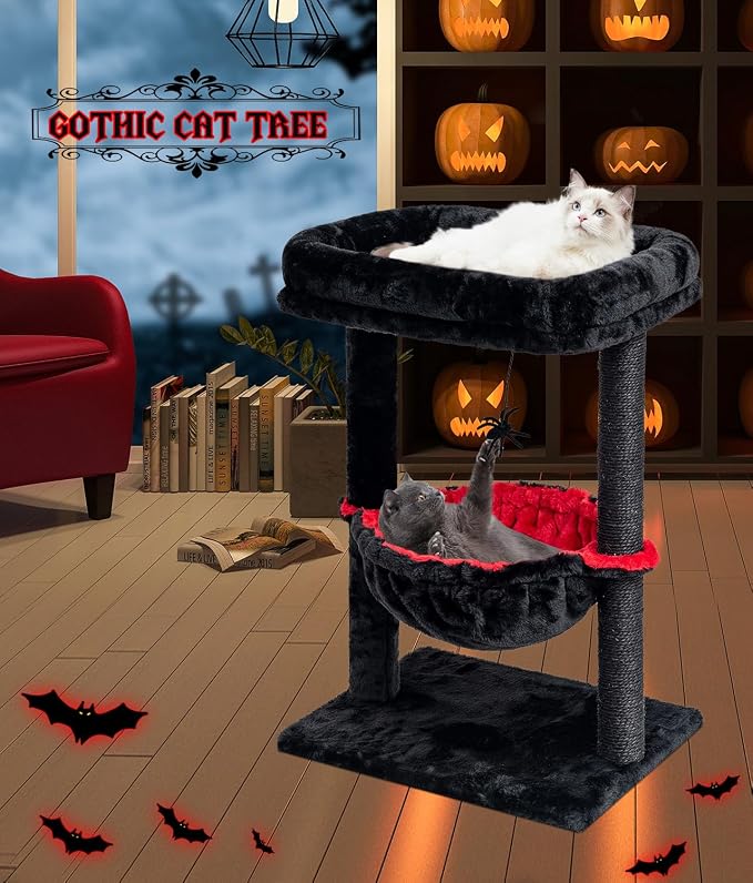 SYANDLVY Gothic Cat Tree with Coffin Bed for Indoor Cats, Activity Tower | Scratching Post for Kittens, Cat Condo Furniture with Basket & Spider Hanging Ball for Play Rest