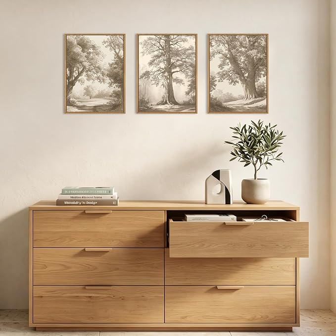 Vintage Tree Canvas Wall Art Framed Rustic Tree Landscape Sketch Antique Painting Neutral Forest Wall Decor 16x12 Inch Farmhouse Botanical Set of 3 for Living Room Bedroom