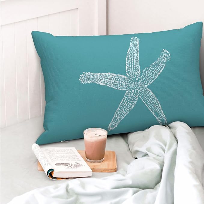 Coastal Pillow Covers 12x20 Set of 2 Aqua Teal Turquoise Coral Starfish Throw Pillows Nautical Ocean Decorations Summer Linen Beach Pillowcase Outdoor Decor Farmhouse Cushion Case for Couch