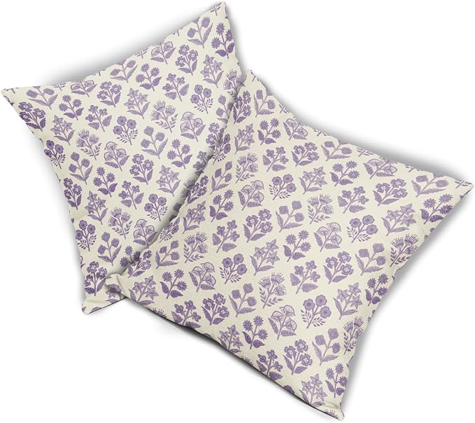 Purple Floral Block Print Pillow Covers 18x18 Inch Set of 2, Vintage Flower Pattern Decorative Throw Pillowcases Outdoor Farmhouse Cushion Covers Spring Summer Rustic Sofa Couch Bed Decor