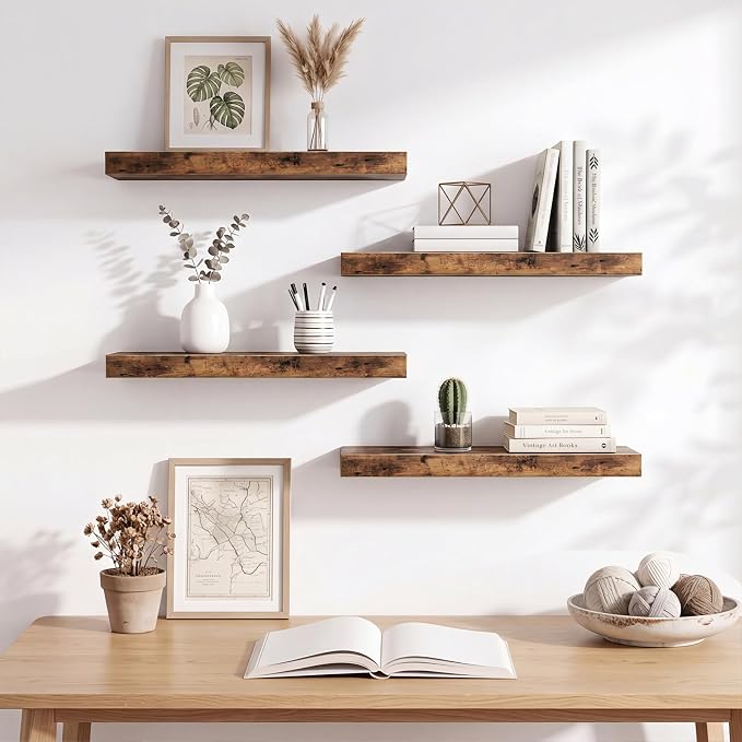 Fixwal Floating Shelves for Wall Decor (Rustic Brown, Set of 4, 15.7 Inch) | MDF Shelves with Metal Brackets, Space Saving for Books, Decor, Works in Bathroom, Kitchen, Living Room, Bedroom