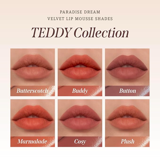 DEARDAHLIA Paradise Dream Velvet Lip Mousse (Teddy) - Vegan Soft-Matte Lip Tint with Lightweight, Buildable, Long-Lasting Color, Whipped Mousse Texture. Cruelty-Free. 0.21 Fl oz