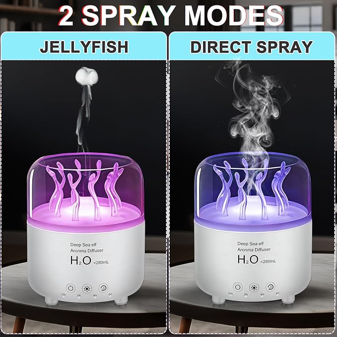 Morbou Essential Oil Diffuser with Jellyfish Spray & Sea Anemone Rotation, 280ml Ultrasonic Aromatherapy Machine,7-Color LED Night Light Quiet Mist for Bedroom, Remote Control (White)