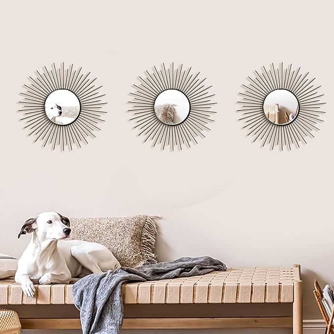3 Pack Metal Mirrors for Wall Sunburst Wall Mirrors Home Décor Decorative Hanging Wall Art for Living Room Bedroom Entryway (Black2, Sunburst)