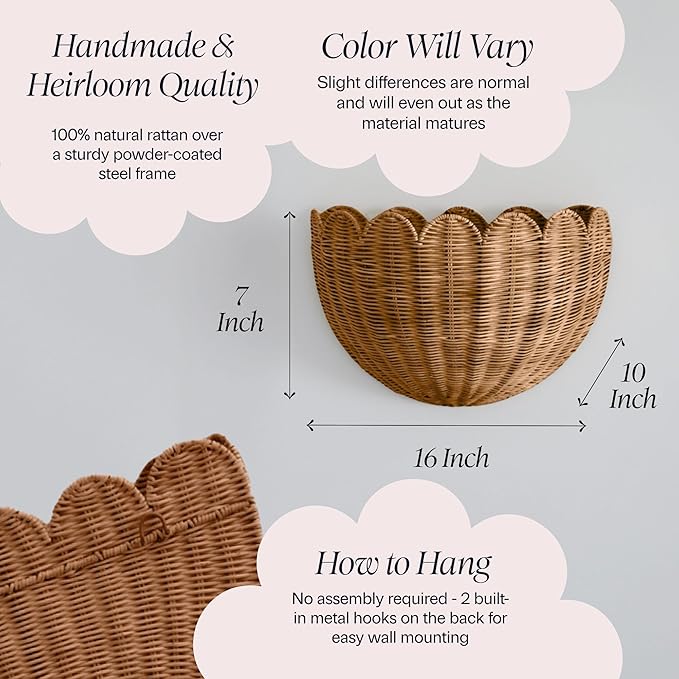 BEBE BASK Scalloped Wicker Wall Basket - The Original - 16 x 10 x 7 In | Handwoven Basket, Scalloped Décor Wall Hanging Baskets, Hanging Wall Basket, Rattan Wall Storage Basket for Home (Mocca)