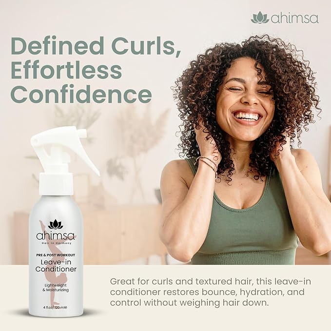 Ahimsa Pre & Post Workout Leave-In Conditioner, Lightweight Hydrating Leave In Conditioner for Curly, Wavy & All Hair Types, Anti-Frizz Heat Protectant, Water-Based with Coconut Oil & Jasmine (4oz)
