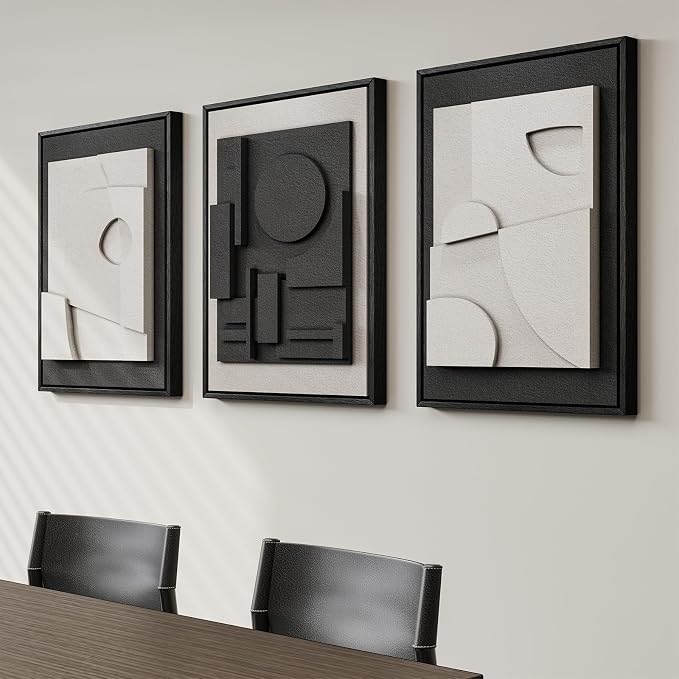 3D Textured Framed Black and White Abstract Wall Art Set of 3, 16x24 In | Solid wood frames, raised circles lines and blocks, modern minimalist wall decor for bedroom living room and dining room