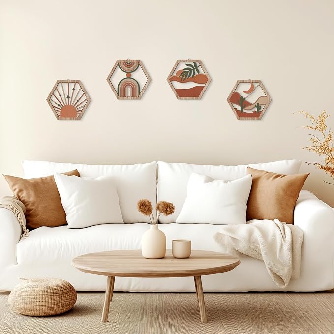 4 Pcs Boho Wall Art Decor, Bohemian Geometric Hanging Wood Sign for Living Room, Aesthetic Abstract Desert Cactus, Minimalist Farmhouse Botanical Wooden Plaque for Apartment Bedroom(11''x9.8'')