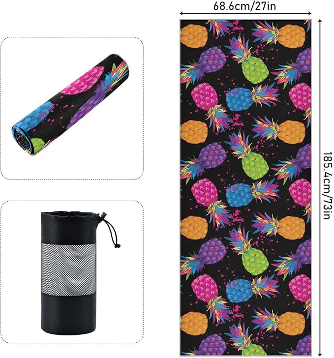 Tropical Colorful Pineapple Yoga Towel, Non-Slip Hot Yoga Mat Towel Sweat Absorbent for Pilates and Workout 73 x 27 in
