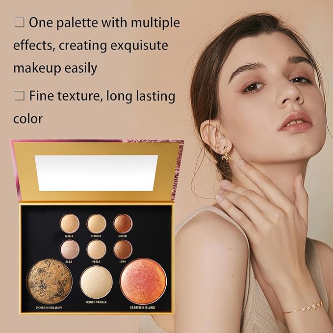 K'APEINE All in One Baked Makeup Palette, Eyeshadow, Blush Highlighter & Bronzer Face Kit Neutral Tones Baked Powder Palette with Matte Shimmer Finish Hign Pigment Full Face Makeup Gift Set for Women