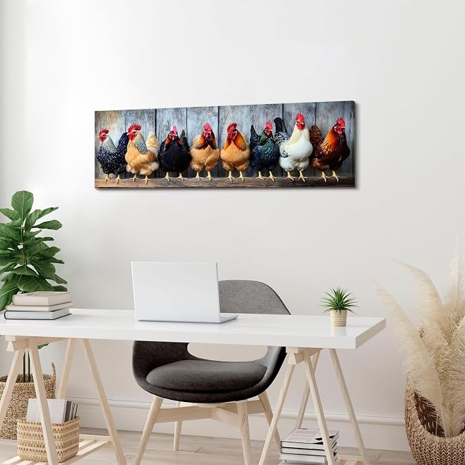 Country Chicken Wall Art Rooster Kitchen Wall Decor Rustic Farmhouse Coop Picture Canvas Prints for Dining Room Decorations Colorful Farm Animal Poster Painting Artwork Cabin Home Decor 14x48”