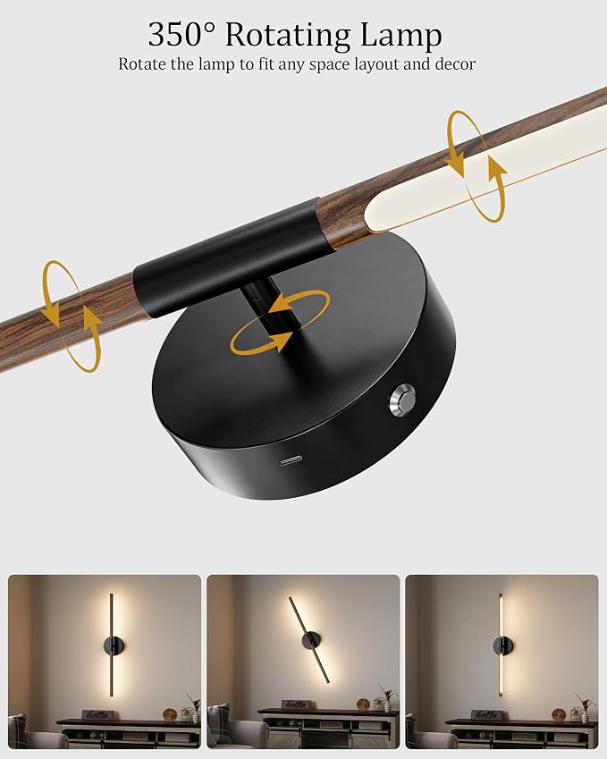 32" Battery Operated Wall Sconce Set of 2, 350° Rotating Lamp, Walnut Black | Wireless, 8000mAh Rechargeable Battery, Stepless Dimming, 3000K-6000K, Remote & Touch Control, Timer, Living Room, Bedroom