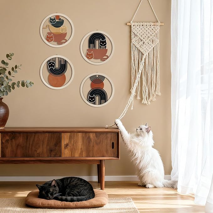 HPNIUB Boho Black Cat Wall Decor, Farmhouse line Geometric Coffee Tea Hanging Wooden Wall Art, 4 Pieces 10''x10'' Mid Century Abstract Sun Wood Sign for Nursery Bedroom Decoration, Lovely Cat Gifts