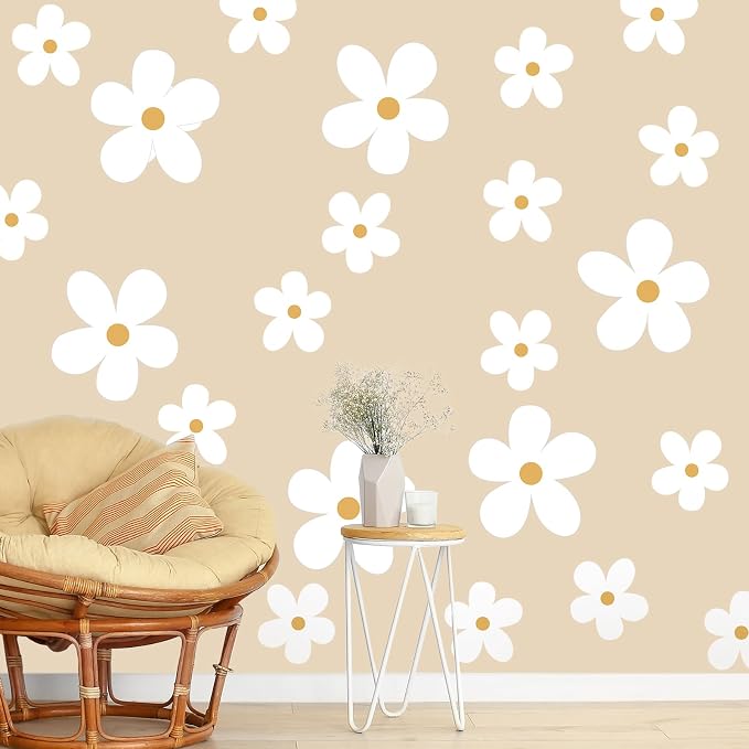 TaoBary 12 Sheet Daisy Wall Sticker Decal,White, Yellow,Stylish Style | Big Flower Wall Sticker, Pink White Floral Decal, Daisy Bedroom Room Decor, Removable Peel and Stick, Nursery Home Wall Decor