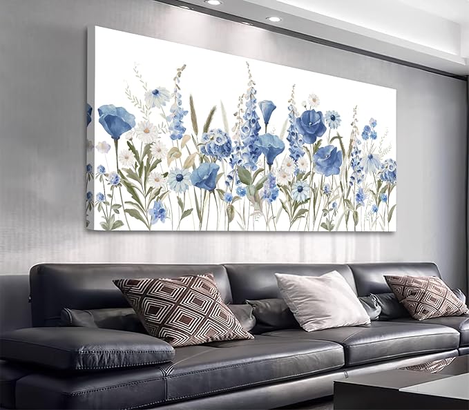 arteWOODS Elegant Flowers Wall Art - Blue White Botanical Pictures for Wall Decor Floral Blossom Canvas Painting Print Artwork for Living Room Bedroom Home Office Wall Decoration 29" x 58"