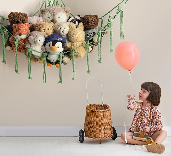 mirolam Stuffed Animal Hammock Corner Net for Toys Storage Hanging Stuff Animal Organizer Holder Matcha Green Room Bedroom Nursery Decor Organization