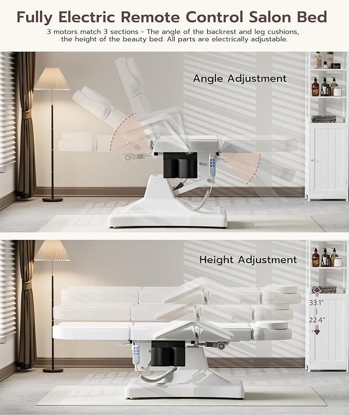 Icoget Fully Electric Tattoo Chair Esthetician Bed for Clients, 3-Motor Massage Table Adjustable Spa Facial Chair for Waxing, Lashing, Professional Aesthetics Bed for Salon, White
