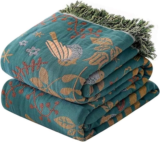 Boho Throw Blanket for Bed 100% Cotton Bohemian Blankets Ultra Soft Woven Muslin Decorative Blankets All Seasons Vintage Quilt Knitted Blanket for Sofa Chair(Blue, 80"x90")