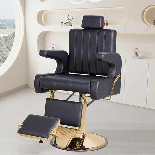 FHFO Barber Salon Hair Chairs for Barbershop, Hydraulic Barber Chair 360° Swivel Reclining, Adjustable PU Leather Beauty Salon Chair for Barbershop Spa Black/Gold