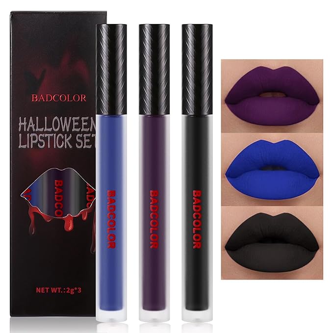 BADCOLOR 3 Colors Matte Liquid Lipstick Set, Black Blue Purple Halloween Makeup, High Impact Long Lasting Lip Stain Velvet Nonstick Cup Smudge Proof & Waterproof Lip Gloss Set