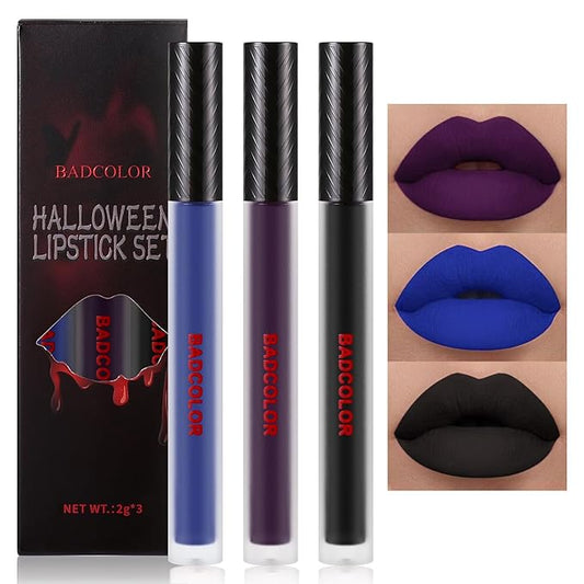 BADCOLOR 3 Colors Matte Liquid Lipstick Set, Black Blue Purple Halloween Makeup, High Impact Long Lasting Lip Stain Velvet Nonstick Cup Smudge Proof & Waterproof Lip Gloss Set
