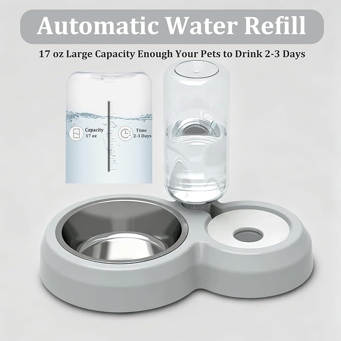 YSHOME&PET Double Dog Bowls, Cat Food & Water Bowl Set with Water Dispenser | Detachable Durable Stainless Steel Bowl Gravity Feeder for Small or Medium Size Dogs Cats Kittens Rabbits Bunny Easy to Clean
