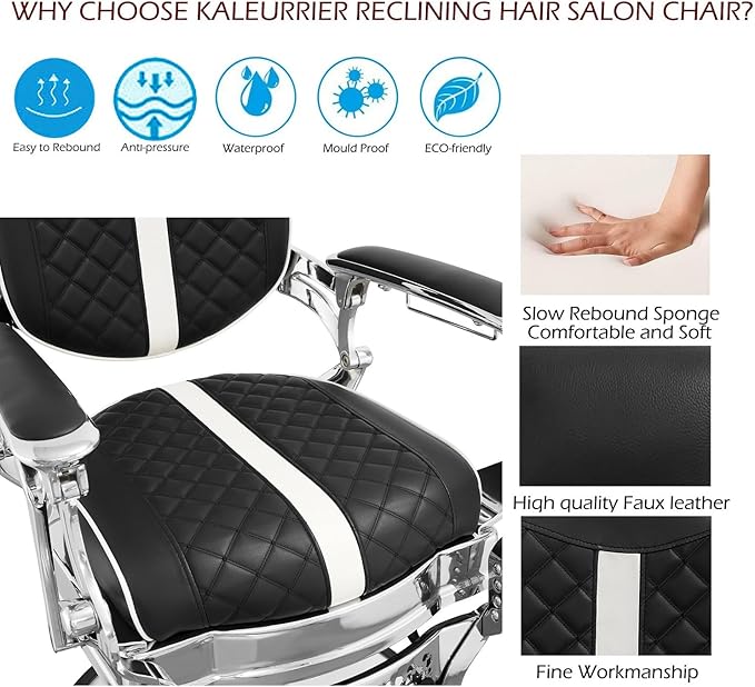 Kaleurrier Heavy Duty Barber Chair for Barbershop - Quilted Leather Hair Stylist Chair with Chrome Accents - Salon Furniture Equipment for Salon Station Home Massage Tattoo Black and White