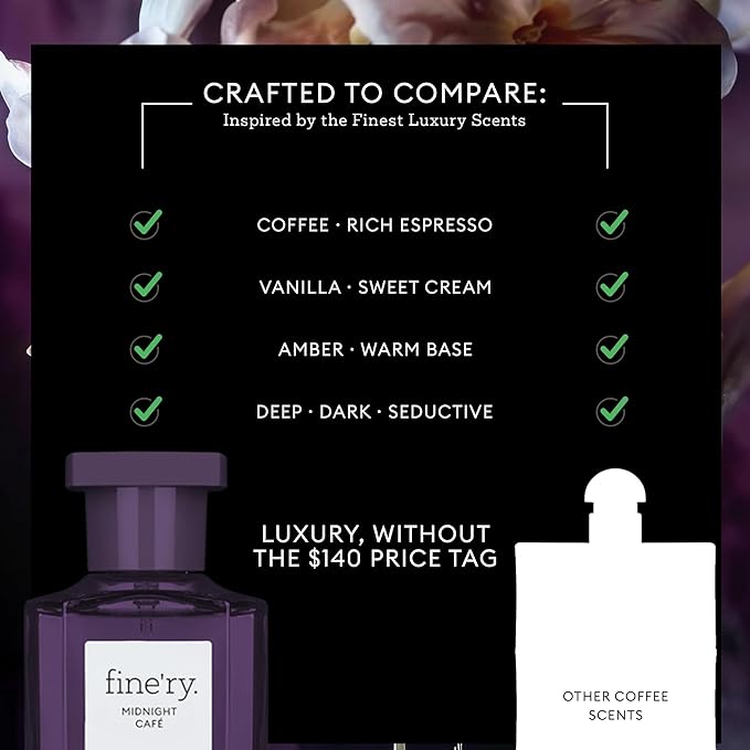 Fine'ry Jasmine Gourmand Perfume - Midnight Cafe, for Women - Crème de Café, Patchouli - Bold, Floral, Long-Lasting Hair + Body Cologne Parfum Fragrance, Full Size (60mL)