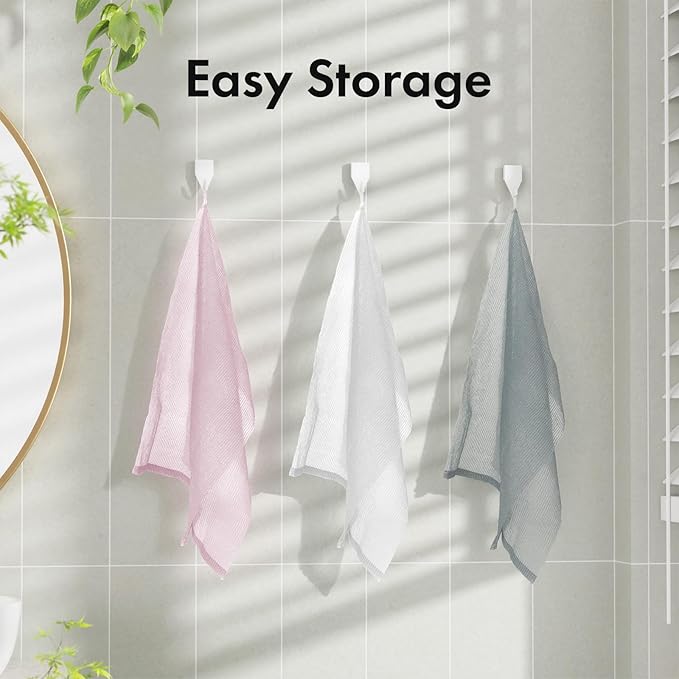 Bathway Exfoliating Washcloth, Nylon Bath Towel Body Scrubber with Hanging Strap, Back Scrubber for Shower Japanese Washcloth Loofah - Deep Clean & Rich Lather (Pink & White & Grey, Pack of 3)