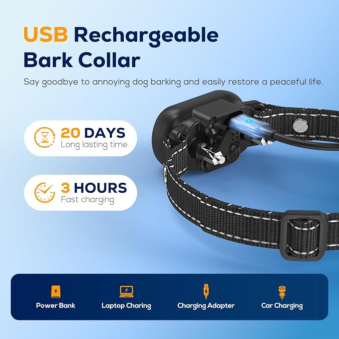 Dog Bark Collar for Large Medium Small Dogs, Smart Anti Bark Collar with Beep & Vibration, 5 Training Modes, 5 Adjustable Sensitivity, IP67 Waterproof, Rechargeable Barking Collar, 300mAh Battery