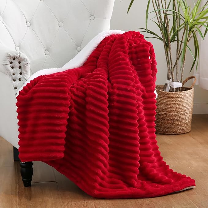 Red Sherpa Fleece Throw Blanket 90”×90”for Couch Sofa Bed | Double Side Soft Fuzzy Cozy Plush Thick Flannel Blanket with Striped Design Gift for Adults,Woman
