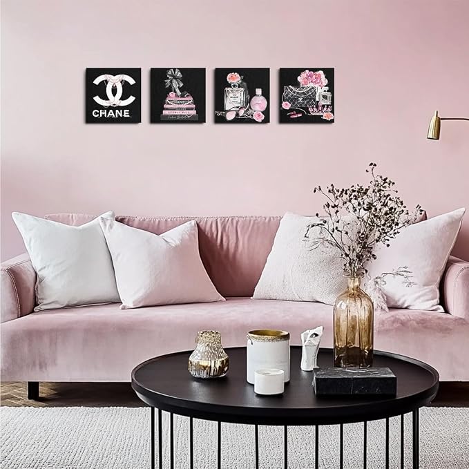 Framed 4 Pcs Pink Fashion Canvas Wall Art Black and White Wall Decor | Aesthetic Posters Art Prints Artwork Pink Pictures for Women Teen Girls Room Bedroom Apartment Vogue Office Decor 8x8 inches