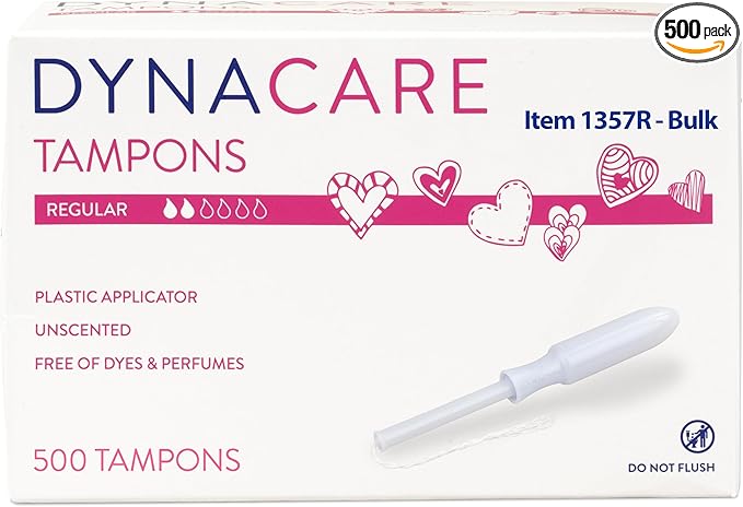 Dynarex Regular Tampons - Feminine Hygiene Product with Plastic Applicators for Common Areas - 6 Hours Protection 500Pcs. Per Box